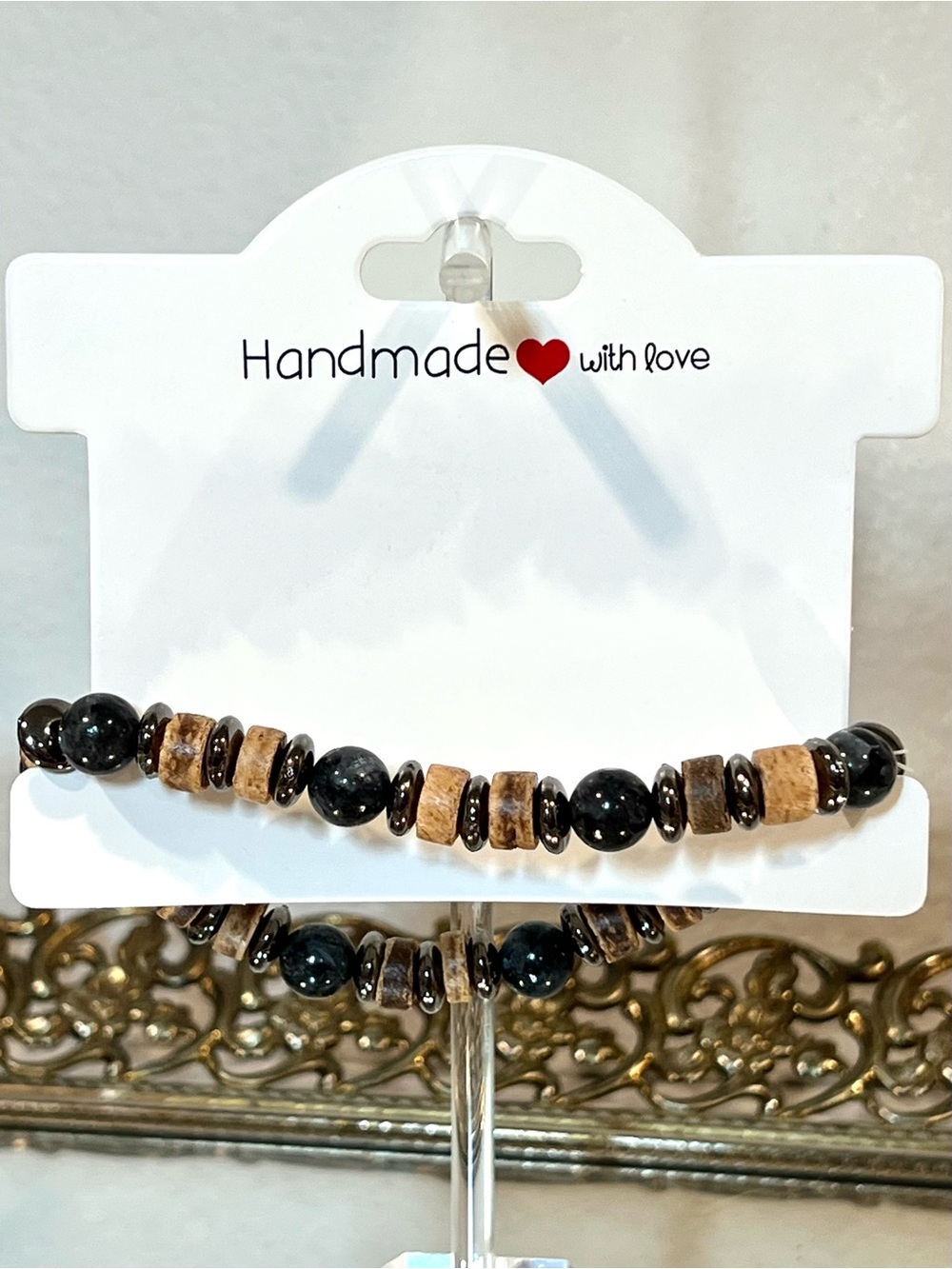 Handcrafted Black Labradorite and Brown Beaded Stretch Bracelet | Unisex